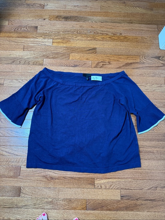 Lane Bryant Sweaters - Lane Bryant Navy Off-Shoulder Knit Top with white Contrast Trim and bell sleeve